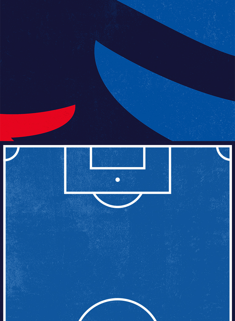 Extreme close up of stylised three lions badge in blue tones with football pitch illustration on the right in blue grunge style