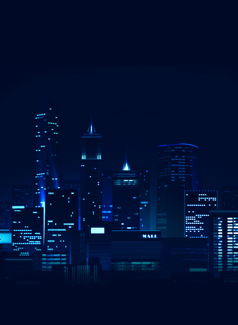 Dark Blue background with night-time city skyline