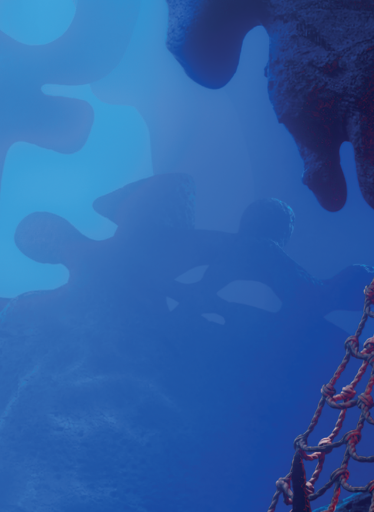 deep ocean scene with close up of sunken anchor and fish nets