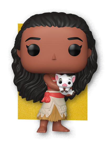 Yellow rectangle background featuring Funko POP! Moana with Pua